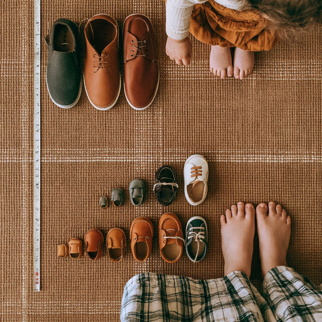 A flat-lay of small shoes in ascending sizes